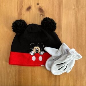 Disney Mickey Mouse Toddler Fleece Hat & Mittens Set Red Black Pom Ears